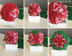 four different pictures of a red and green christmas ornament on a white box