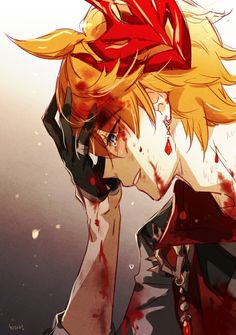 an anime character with blonde hair and blood on his face