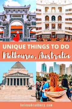 people are standing in front of buildings with the words unique things to do in melbourne, australia