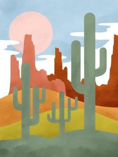 a desert scene with cactus trees, mountains and the sun in the sky above them