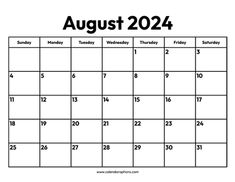 august calendar with the holidays in black and white