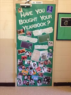 a bulletin board with pictures on it in front of a door that says have you bought your yearbook?