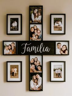 a cross with family photos hanging on the wall