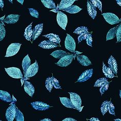 blue leaves on a black background are shown in this seamless pattern, which is very similar to the leafy plant