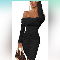 Black Dress! Stretchy. Never Worn Black Off-shoulder Ruched Bodycon Dress, Black Ruched Bodycon Dress For Evening, Chic Ruched Bodycon Dress For Party Season, Black Ruched Bodycon Cocktail Dress, Black Ruched Bodycon Dress For Cocktail, Black Ruched Bodycon Dress For Night Out, Chic Ruched Bodycon Dress For Club, Black Ruched Bodycon Dress For Date Night, Party Mini Dress