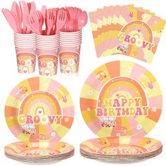 PRICES MAY VARY. Package Includes: two groovy retro boho party supplies including 24 x 9-inch dinner plates, 24 x 7-inch dessert plates, 24 x 9oz cups, and 24 napkins, 24 pink knives, 24 pink forks, and 24 pink spoons, this complete groovy retro birthday party decoration set can serve 24 people, to make sure you have enough utensils and decorations for a happy birthday party and groovy boho party Groovy party Design: everyone will love groovy retro hippie boho element colors and rainbow flower d Boho Plates, Retro Birthday Parties, Groovy Daisy, Rainbow Party Decorations