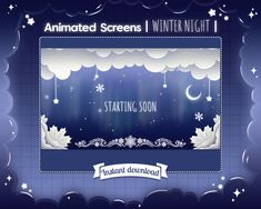 an animated screen with snowflakes and stars in the night sky, as well as text that reads animation screens i winter night