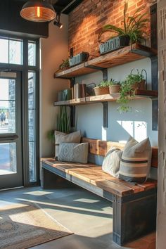 a wooden bench sitting in front of a window filled with potted plants and books