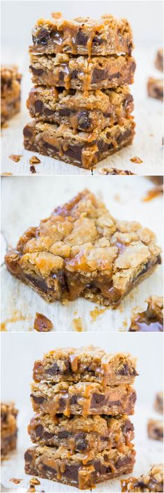 three different views of chocolate chip bars stacked on top of each other with the same layer