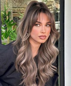 Bronde Balayage With Curtain Bangs, Soft Cool Brown Hair, Blonde Highlights On Dark Brown Hair Curtain Bangs, Brown Balayage With Bangs, Trendy Hair Colors For 2024, Blonde Highlights And Bangs, Blonde Bangs With Brown Hair, Blonde Balayage With Bangs, Blonde Highlights Bangs