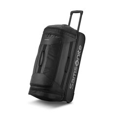 the samsonite rolling bag is black and has wheels that are attached to each side