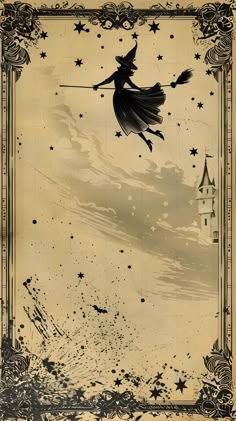 a drawing of a witch flying through the air with her broom in hand and stars all around