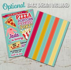 two personalized pizza party flyers are shown