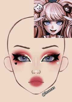 Cool Anime Makeup, Splatoon Inspired Makeup, Black Anime Makeup, Junko Enoshima Nails, Junko Enoshima Cosplay Makeup, Junko Enoshima Makeup, Anime Make Up Ideas, Anime Inspired Makeup Looks