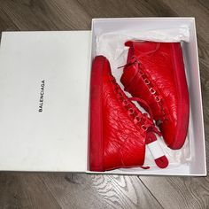 Men’s Red Balenciaga Arena Sneakers Us Size 8 Eu Size 40 In Very Very Good Condition Little Bit Of A Wipe Down And Like Brand New Shoes Worn 2 Times And Put Away In Storage I Don’t Really Wanna Let These Go But I Don’t Really Wear Them Ever So Somebody Else Can Enjoy Them Designer Red Sneakers With Branded Heel Counter, Designer High-top Sneakers With Red Sole For Streetwear, Designer Red Sneakers With Branded Heel, Designer High-top Lace-up Sneakers With Red Sole, Red Leather High-top Sneakers With Laces, Designer Red High-top Sneakers With Round Toe, Designer Red High-top Sneakers With Red Sole, Designer Red Sneakers For Sports, Red Designer Sneakers For Sports