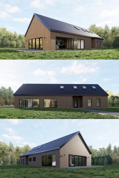 three different views of a house in the grass