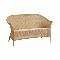 a wicker couch with an armrest and back rest in beige, isolated against a white background