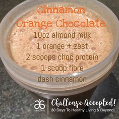 an orange chocolate smoothie in a plastic cup with information about the ingredients and how to make it