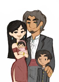 a man and woman holding a baby in front of a drawing of an adult with two children