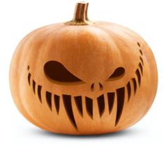 a carved pumpkin with an evil face on it's side and teeth in the middle