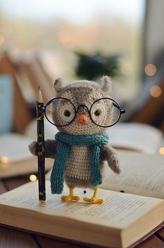 an owl with glasses and a scarf is holding a pencil in front of an open book