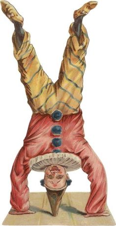 a drawing of a clown with his hands in the air and legs bent over him