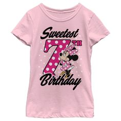 Who knew that dressing "mousey" could be so cute!? Celebrate Walt Disney's most iconic character with this officially licensed Minnie Mouse Sweetest 6th Birthday Dots Girls' T-Shirt! This cute girls' tee features a graphic of Minnie Mouse in a pink polka-dot dress alongside the birthday greeting "Sweetest 6th Birthday" on the front. Dress in style this birthday with a new graphic tee today that is perfect for Disney fans everywhere! Size: small. Color: light pink - 7th. Gender: female. Age Group Disney Outfits Girls, Pink Mickey Mouse Cotton T-shirt, Disney Minnie Mouse Pink T-shirt, Pink Minnie Mouse Crew Neck T-shirt, Cheap Playful Minnie Mouse T-shirt, Cotton Minnie Mouse T-shirt With Short Sleeves, Pink Polka Dot Dress, Minnie Mouse Girl, Girls Graphic Tee