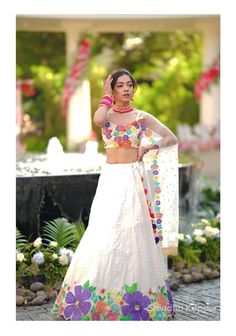 Floral Hand painted chanderi lehenga with flower embellished blouse and attached embellished dupatta | made to measure sangeet lengha choli by LabelSnigdhaKapoor on Etsy Cake Design Inspiration, Kids Blouse, Half Saree Designs