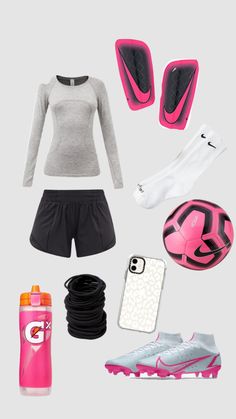 the contents of a woman's athletic outfit including shoes, water bottle and cell phone