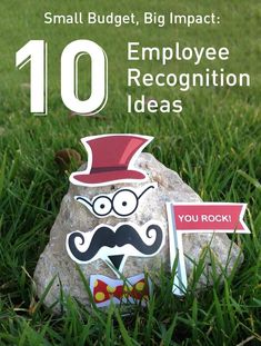 a rock with a mustache and glasses on it in the grass that says 10 small budget, big impact employee recognition ideas