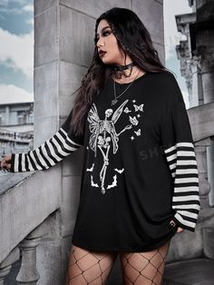 Introduce an edgy and unique vibe to your wardrobe with our Punk Chic: Skeleton Butterfly Print Drop Shoulder Tee. Featuring a bold and intricate print, this tee is perfect for those looking to make a statement. The drop shoulder design adds a touch of effortless coolness to this must-have piece. Now available for all fashion-forward individuals. Color : Black Style : Casual Pattern Type : Halloween Pattern Type : Striped Neckline : Round Neck Sleeve Length : Long Sleeve Sleeve Type : Drop Shoulder Length : Long Fit Type : Oversized Fabric : Slight Stretch Material : Knitted Fabric Composition : 62% Polyester Composition : 34% Cotton Composition : 4% Elastane Care Instructions : Machine wash or professional dry clean Sheer : No Size US Bicep Length Bust Cuff Length Shoulder Sleeve Length W Oversized Long Sleeve Punk Top, Punk Style Crew Neck Tops For Fall, Fall Punk Style Crew Neck Top, Gothic Oversized Long Sleeve Tops, Oversized Edgy T-shirt For Fall, Oversized Long Sleeve Gothic Top, Black Emo T-shirt For Fall, Grunge Long Sleeve Tops With Skull Print, Punk Long Sleeve Tops With Graffiti Print