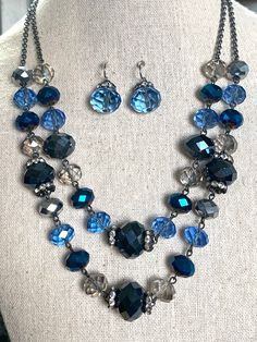 "This beautiful Cool Winter colors 2 strand beaded necklace is in very good condition, Lobster Claw clasp works perfectly.  18mm Sky Blue beads dangle from the wire earrings.  The 18\" necklace also has a 2\" extender.  Trifari hang tag, charcoal colored chain.  The photos are the best source of information.  All questions are encouraged and welcome." Blue Double Strand Faceted Bead Jewelry, Blue Faceted Beads Double Strand Jewelry, Cool Winter Colors, Ruby Red Slippers, Crystal Ball Necklace, Red Slippers, Double Strand Necklace, Cool Colors, Hippie Necklace