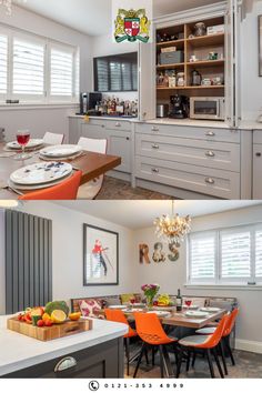 two pictures of a kitchen and dining room