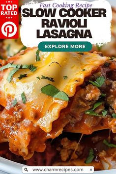 the cover of slow cooker ravioli lasagna with text overlaying it