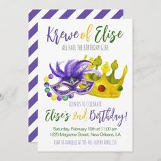 a purple and green mardi gras birthday party card with a masquerade mask