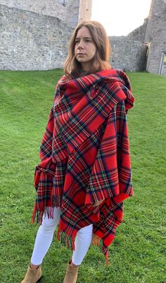 "Irish Pure Lambswool Cape, Ruana, Wrap , Shawl - 100% Pure New Wool -Royal Stewart Tartan/Plaid Check -Supersoft -HANDMADE IN IRELAND Our luxury capes are elegantly stylish and wrap you in warmth. They can be worn in all seasons and can cover a multitude of sins! They are both practical and hard wearing and their versatility means they look fantastic in the town or country and work for both special occasions or for every day wear. - Extremely versatile wrap, - Can be worn so many ways - Can be Irish Clothing, Ruana Wrap, Royal Stewart Tartan, Stewart Tartan, Killarney, Evening Walk, Wrap Shawl, Tartan Plaid, Shawls And Wraps