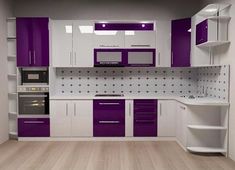 an empty kitchen with purple and white cabinets