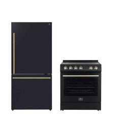 an oven and refrigerator are shown in black with gold trimmings on the doors