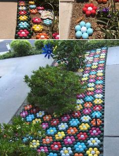 an assortment of colorful eggs in the ground next to some trees and bushes with flowers on them