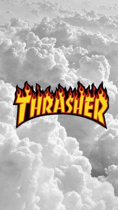 the word thrash is surrounded by flames and clouds