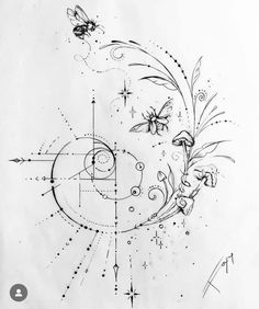 a black and white drawing of a sun with butterflies on it's face, surrounded by stars