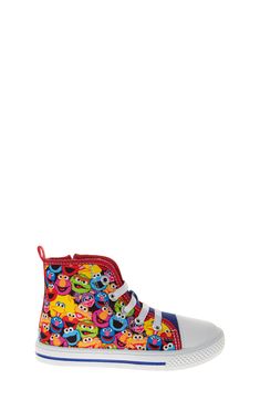 All of their favorite Sesame Street characters punctuate the upper of this high-top sneaker designed a lace-up vamp. Lace-up style; side zip closure Synthetic upper and lining/rubber sole Imported Sporty High-top Sneakers With Character Print, Fun Low-top Sneakers With Cartoon Print, Multicolor High-top Sneakers For School, Fun Multicolor High-top Sneakers, Fun Cartoon Print Sneakers With Round Toe, Playful Cartoon Print Sneakers With Round Toe, Synthetic Sneakers With Character Print And Round Toe, School Lace-up High-top Sneakers With Rubber Sole, Playful Cartoon Print Round Toe Sneakers