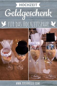 three wine glasses with hats and ribbons on them, one is filled with confetti