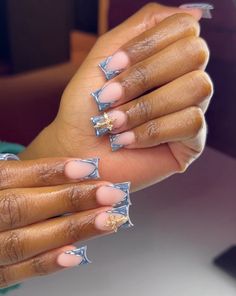 Short Denim Nails, Short Duck Nails With Charms, Medium Duck Nails Acrylic, Denim Nails Acrylic, Acrylic Nail Designs Duck Nails, Chrome Duck Nails Acrylic, Denim Nails Ideas, Denim Nails, Duck Nails Charms