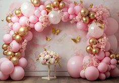 Pink Balloons Arch Backdrop - Gatsby Backdrop Gold And Pink Balloons, Backdrop Flowers, Balloons Arch, Butterfly Girl, Arch Backdrop, Pregnant Wedding, Rose Garland, Girl Themes