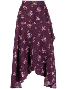 plum purple/multicolour all-over floral print ruffled detailing asymmetric design high waist rear elasticated waistband asymmetric hem mid-calf length Floral Print Midi Skirt, Skirt Purple, Printed Midi Skirt, Plum Purple, Asymmetrical Design, Asymmetric Hem, Size Clothing, Plum, Womens Bottoms