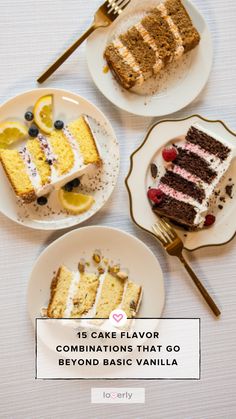 three plates with slices of cake on them and the words, easy lemon combination treat go beyond basic vanilla