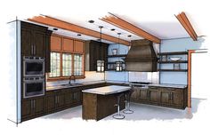 an artist's rendering of a kitchen with wooden cabinets