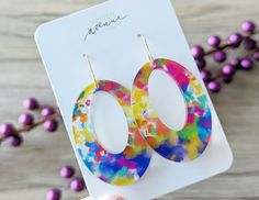 Sponged Paint Print Acrylic Earrings, Cut out Ovals These earrings are a printed sponged paint pattern on clear acrylic.  Each earring will look unique and vary from what is shown but will look similar to the example photo. This style comes on a gold stainless steel hook.  If you prefer silver instead, please leave a note at checkout. Handmade Multicolor Oval Earrings, Multicolor Oval Earrings For Gift, Acrylic Hoop Earrings, Sponge Painting, Hand Painted Earrings, Paint Acrylic, Gel Art, Painted Earrings, Earrings Colorful