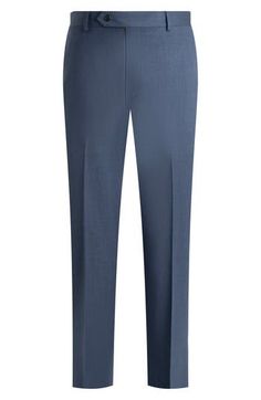 Smart and versatile, these dress pants tailored from Italian wool feature traditional detailing from the regular rise in the waist to the classic flat-front construction. Zip fly with button-tab closure Front slant pockets; back button-welt pockets Partially lined Unhemmed 100% wool Dry clean Made in Canada Semi-formal Custom Fit Pants With Welt Pockets, Straight Fit Dress Pants With Welt Pockets, Tailored Blue Wool Dress Pants, Custom Fit Pants With Welt Pockets For Business Casual, Formal Pants With Pockets In Suiting Fabric, Elegant Straight Fit Formal Pants, Elegant Straight Fit Bottoms For Business Casual, Blue Semi-formal Straight Leg Suits, Elegant Blue Business Bottoms